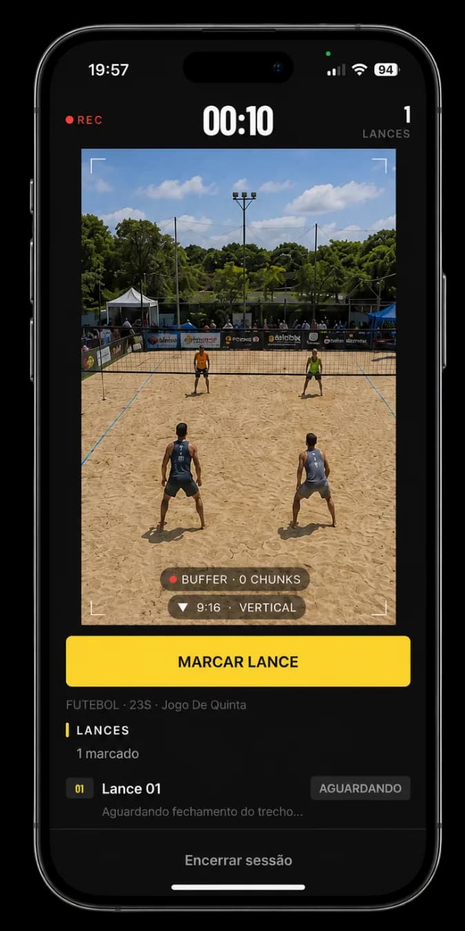 Tela de gravação e marcação de lances no app Filma Fácil GO