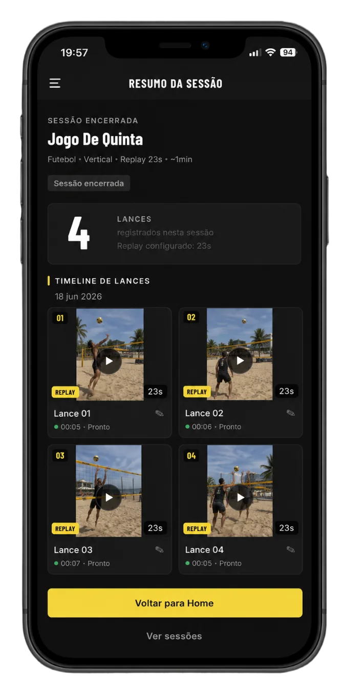 Tela de resumo e replays no app Filma Fácil GO